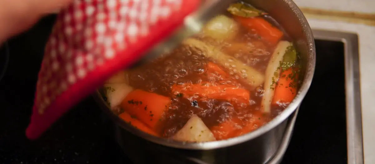 Guiso caliente en una olla al fuego